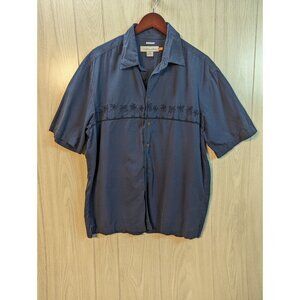 Quicksilver Edition Aloha Button Up Shirt Navy Blue Embroidered Men's Large